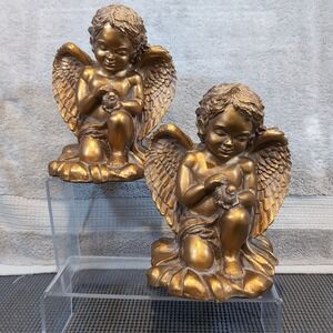 Vintage Figi Graphics Cherub Angel Figurine Statue Golden Resin Bookends